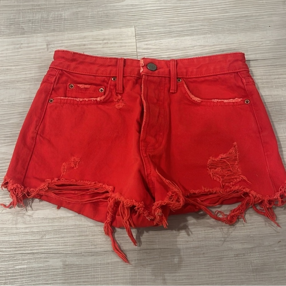 GRLFRND Red Distressed Jean Shorts